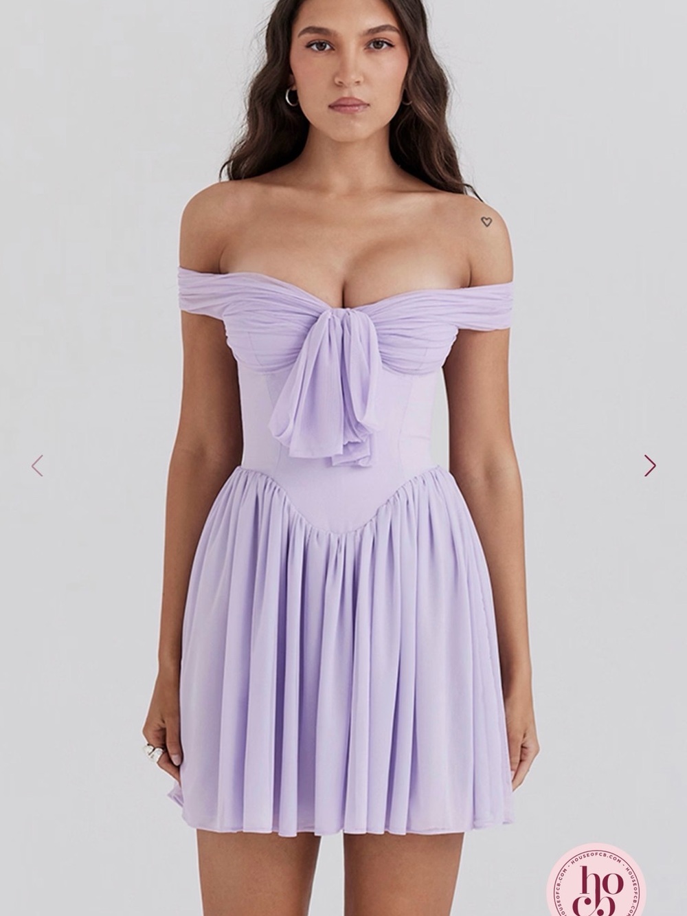 House of CB SOLEIL' ORCHID OFF SHOULDER MINI DRESS - BIGGER CUP & LONGER LENGTH
